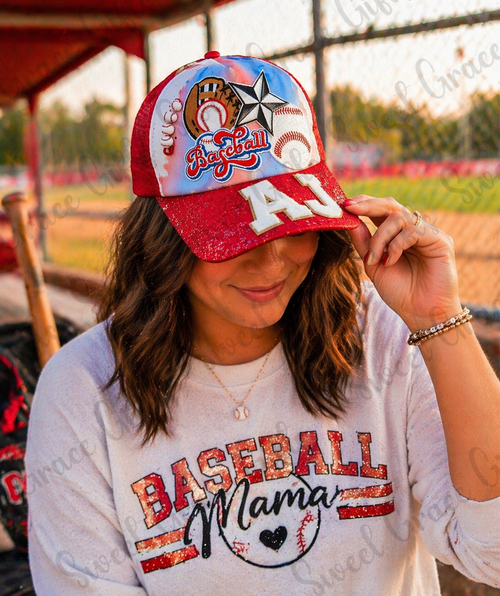 Baseball Mom Hat, Red White Blue Glitter Trucker Hat, Patriotic Baseball Cap, Game Day Hat, Sports Mom Gift