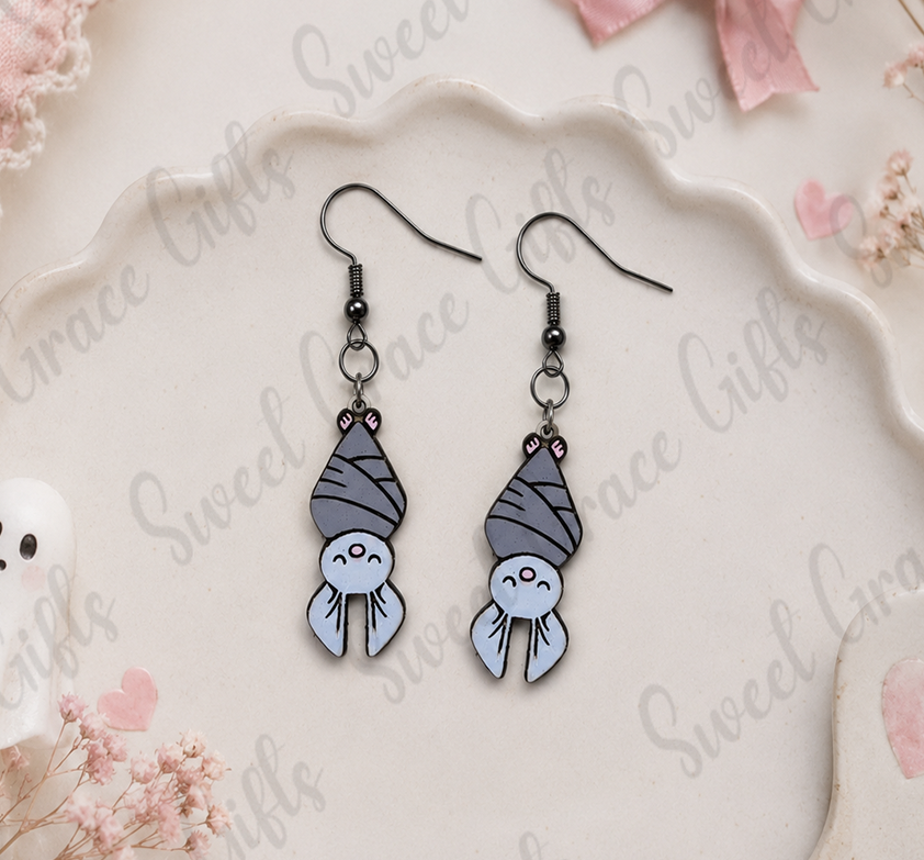 Cute Bat Dangle Earrings | Kawaii Bat Earrings | Gothic Halloween Jewelry | Lightweight Wooden Bat Earrings Gift