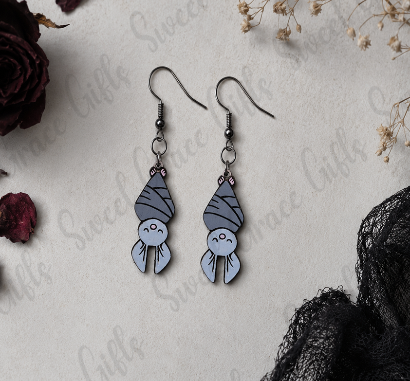 Cute Bat Dangle Earrings | Kawaii Bat Earrings | Gothic Halloween Jewelry | Lightweight Wooden Bat Earrings Gift