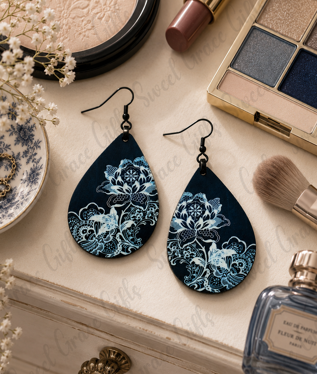 Black & White Floral Teardrop Earrings | Botanical Flower Dangle Earrings | Lightweight Floral Jewelry | Gift for Her