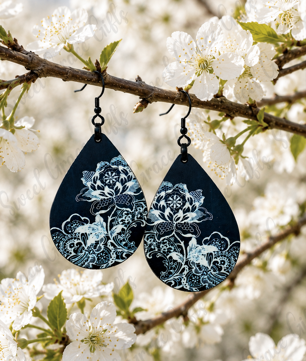 Black & White Floral Teardrop Earrings | Botanical Flower Dangle Earrings | Lightweight Floral Jewelry | Gift for Her