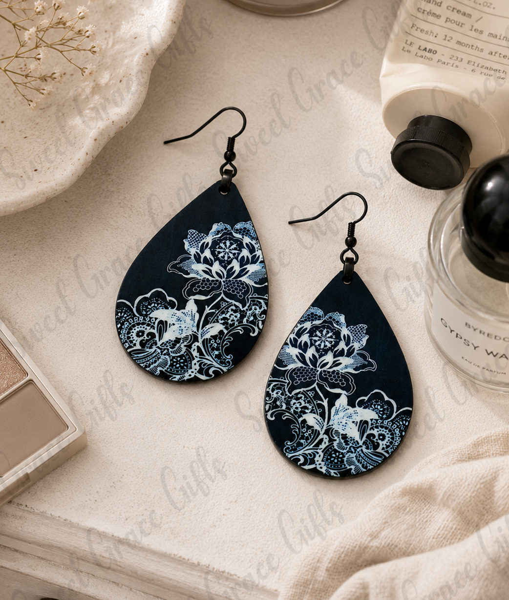 Black & White Floral Teardrop Earrings | Botanical Flower Dangle Earrings | Lightweight Floral Jewelry | Gift for Her