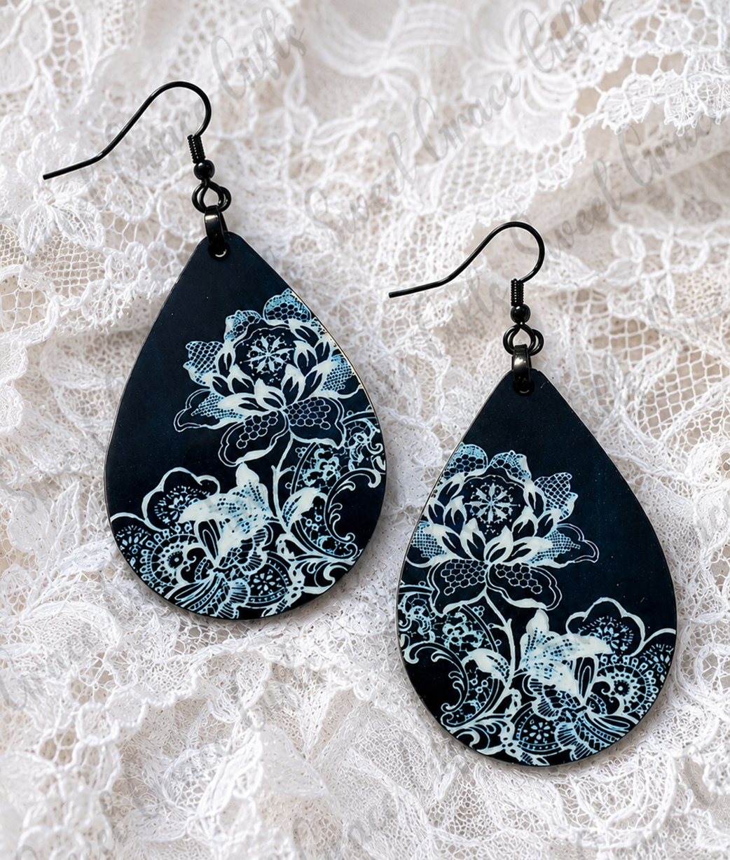 Black & White Floral Teardrop Earrings | Botanical Flower Dangle Earrings | Lightweight Floral Jewelry | Gift for Her