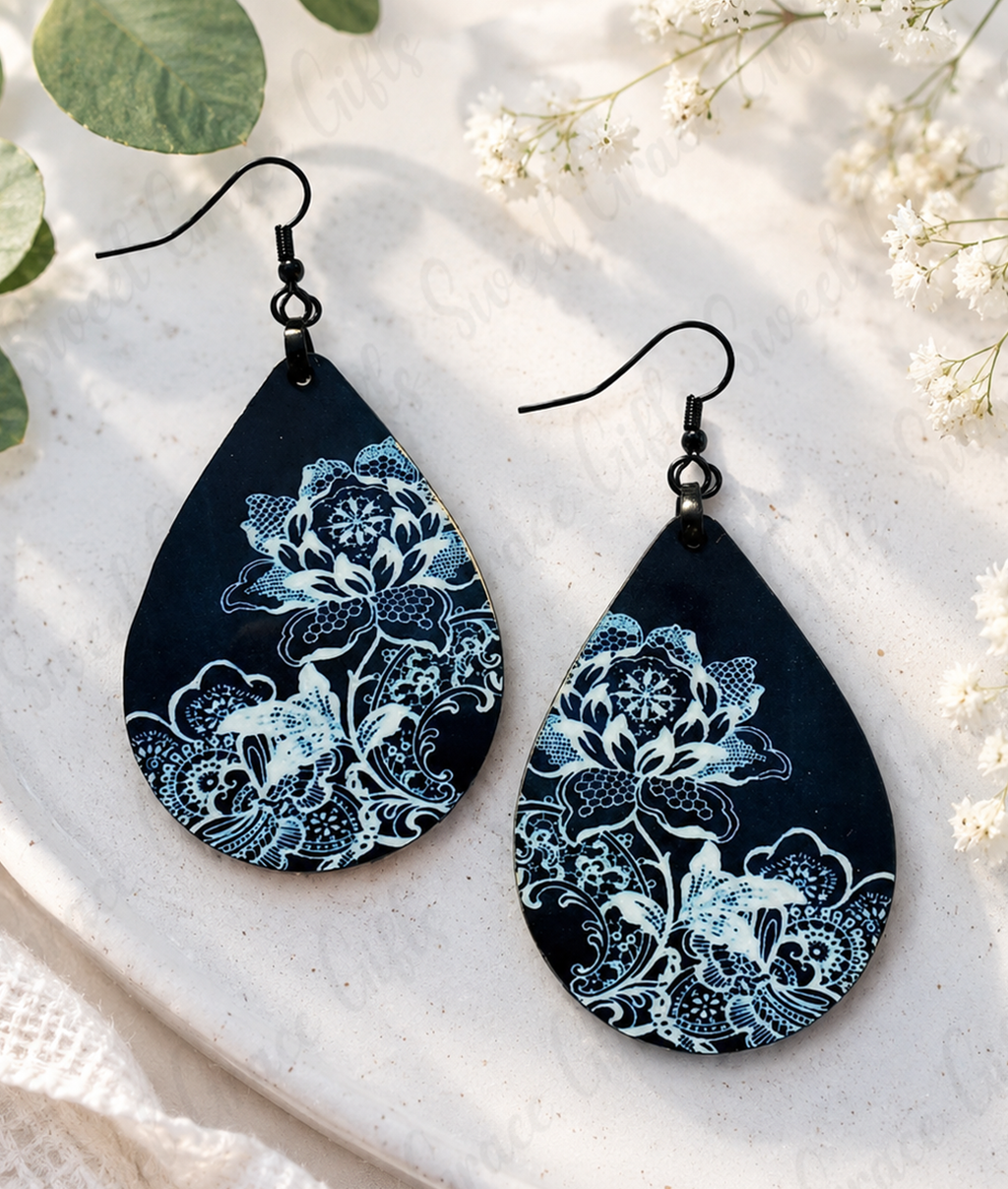 Black & White Floral Teardrop Earrings | Botanical Flower Dangle Earrings | Lightweight Floral Jewelry | Gift for Her