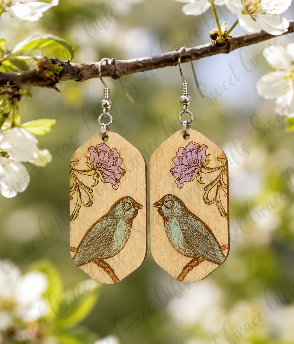 earrings, wood earrings, bird earrings, bird earrings dangle, wood dangle earrings, bird lover, bird lover gift, bird lover earrings