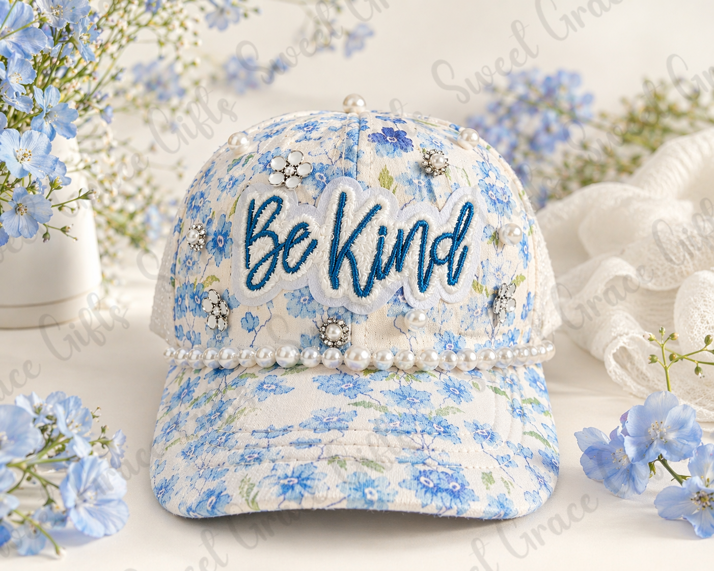 Blue Floral “Be Kind” Trucker Hat, Pearl Embellished Baseball Cap, Cute Cottagecore Hat, Feminine Patch Hat, Coquette Style Gift for Her