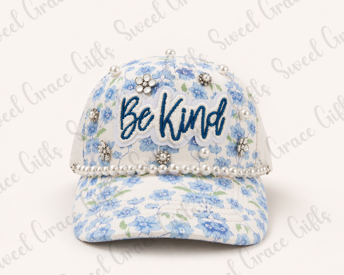 Blue Floral “Be Kind” Trucker Hat, Pearl Embellished Baseball Cap, Cute Cottagecore Hat, Feminine Patch Hat, Coquette Style Gift for Her