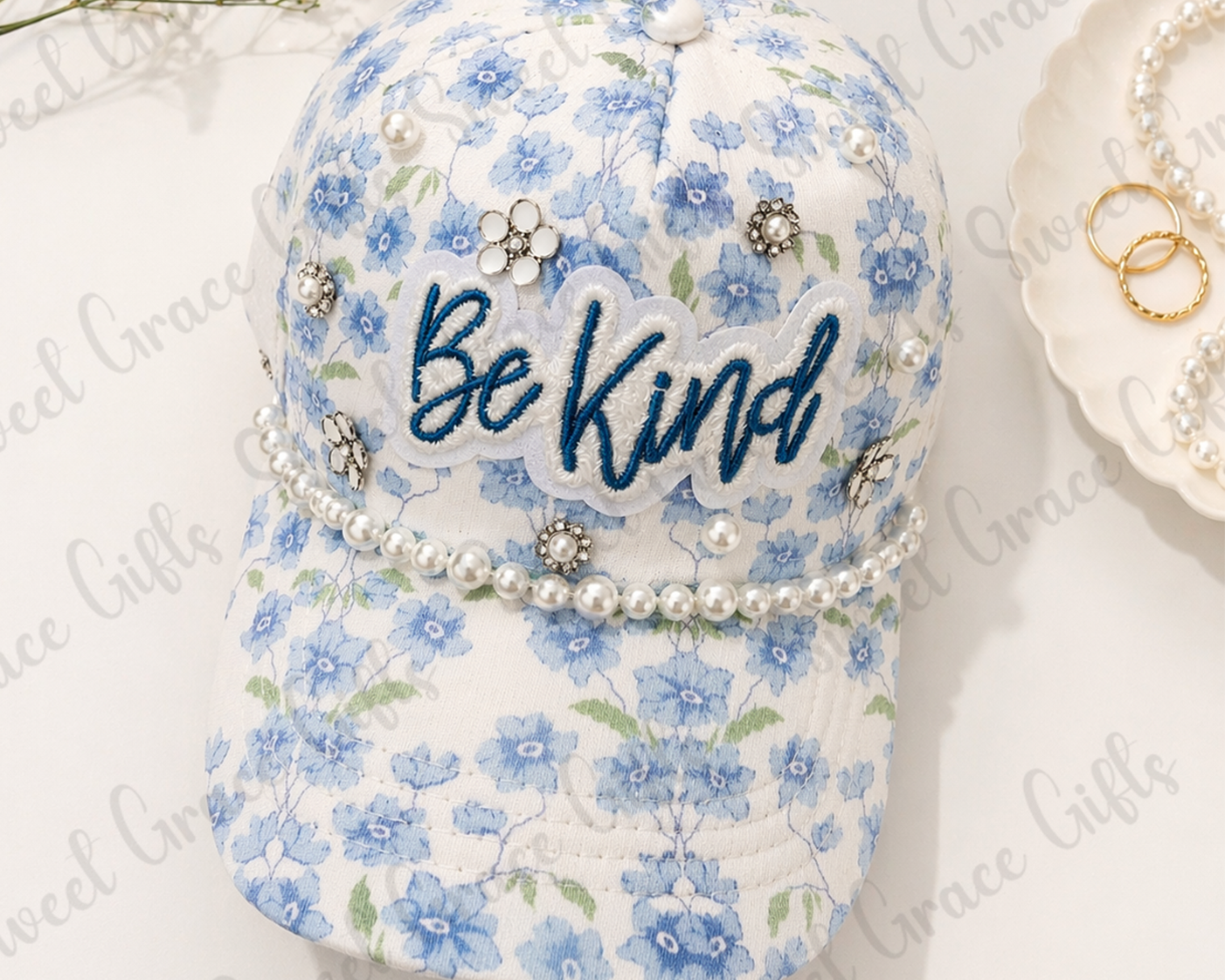 Blue Floral “Be Kind” Trucker Hat, Pearl Embellished Baseball Cap, Cute Cottagecore Hat, Feminine Patch Hat, Coquette Style Gift for Her