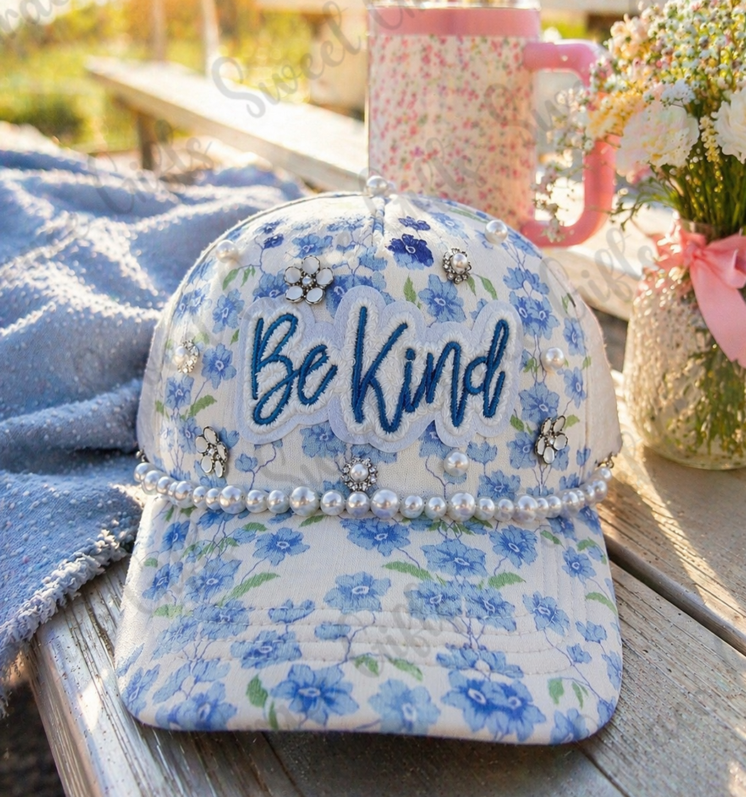 Blue Floral “Be Kind” Trucker Hat, Pearl Embellished Baseball Cap, Cute Cottagecore Hat, Feminine Patch Hat, Coquette Style Gift for Her