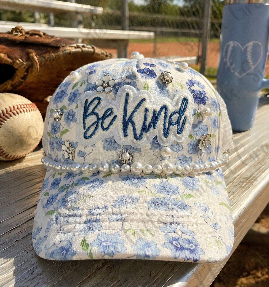 Blue Floral “Be Kind” Trucker Hat, Pearl Embellished Baseball Cap, Cute Cottagecore Hat, Feminine Patch Hat, Coquette Style Gift for Her