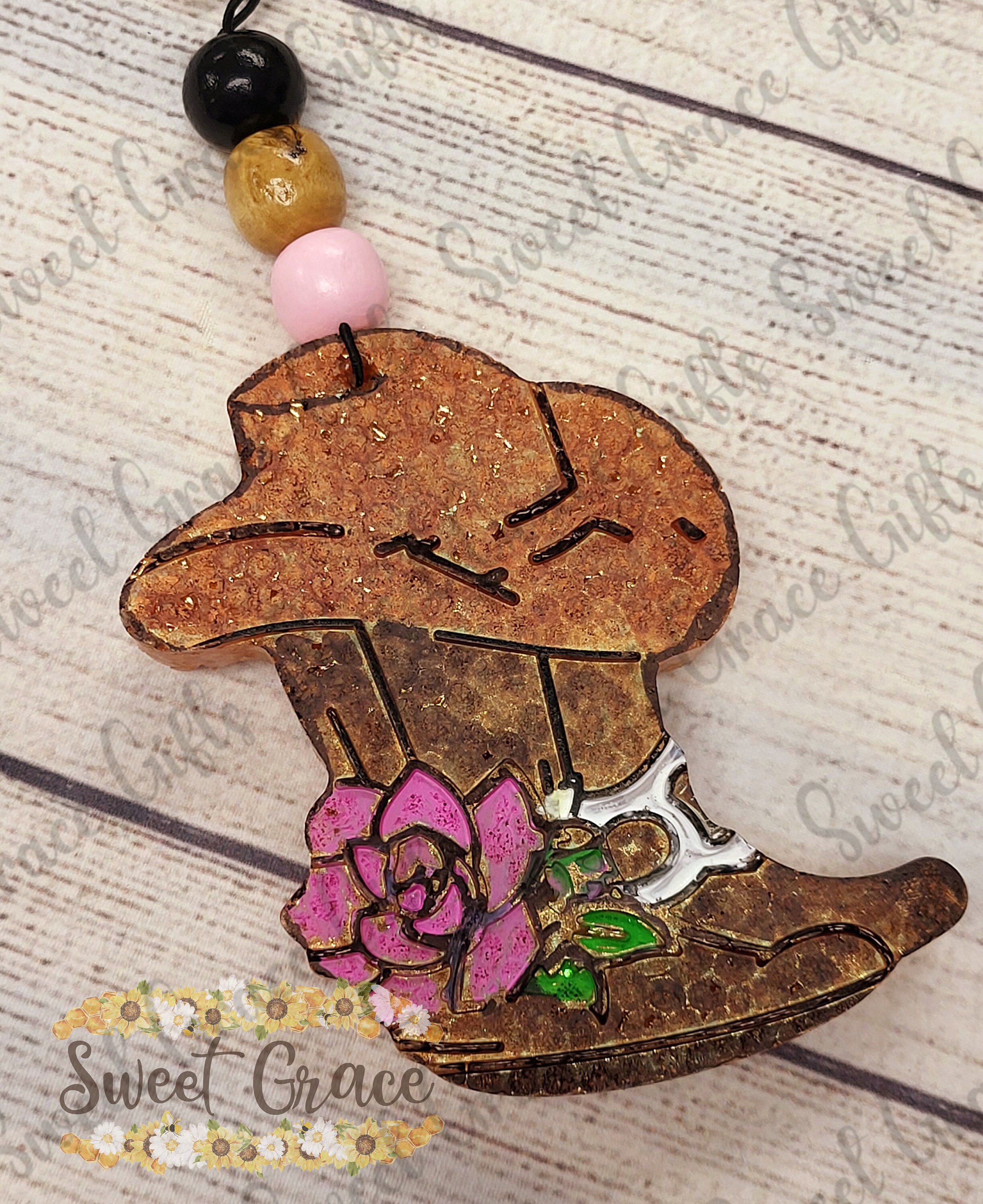 Cowgirl Boot Car Freshie with Pink Floral Design | Western Car Air Freshener | Handmade Hanging Car Charm | Cute Cowgirl Gift | Rustic Car Decor