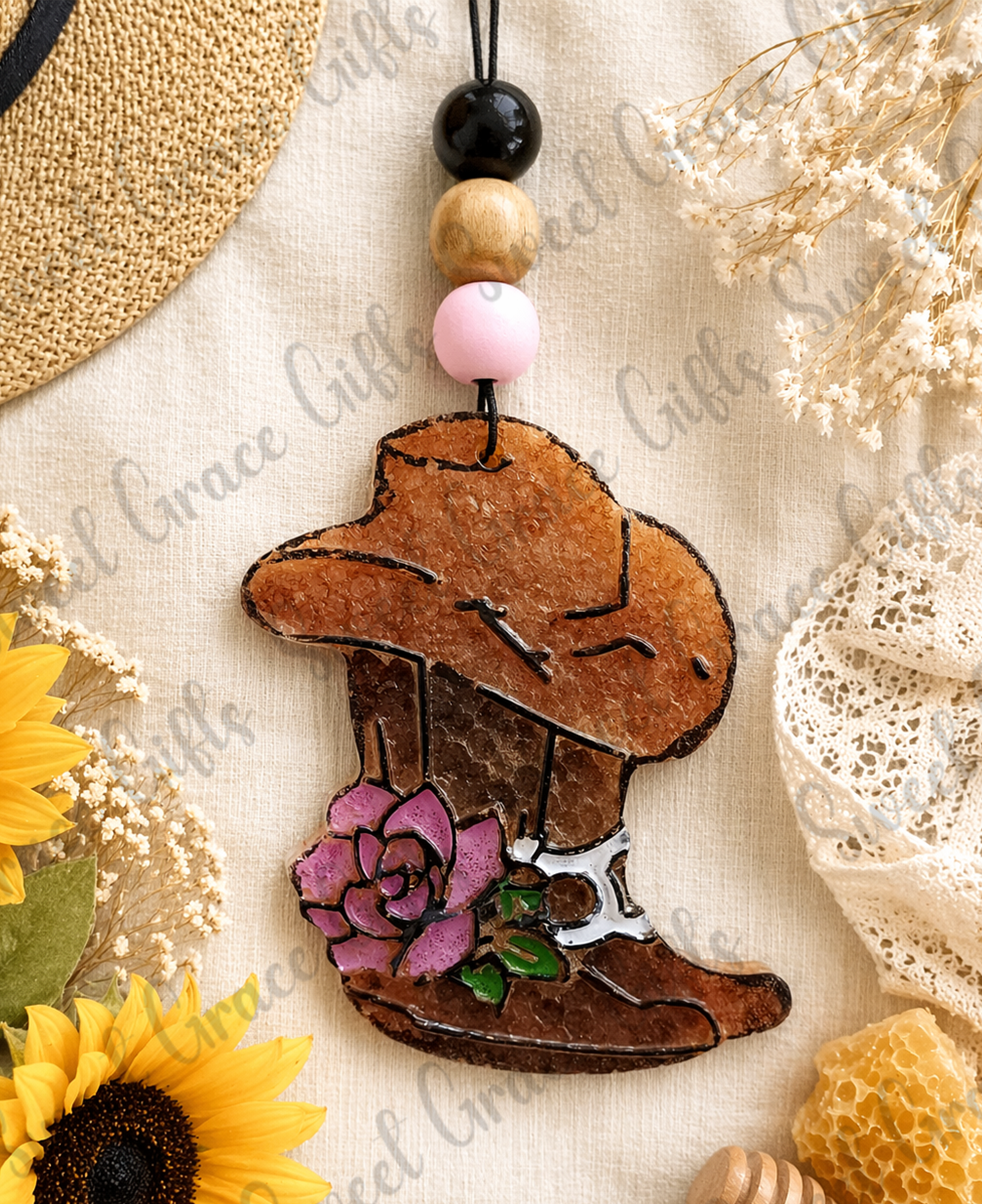 Cowgirl Boot Car Freshie with Pink Floral Design | Western Car Air Freshener | Handmade Hanging Car Charm | Cute Cowgirl Gift | Rustic Car Decor