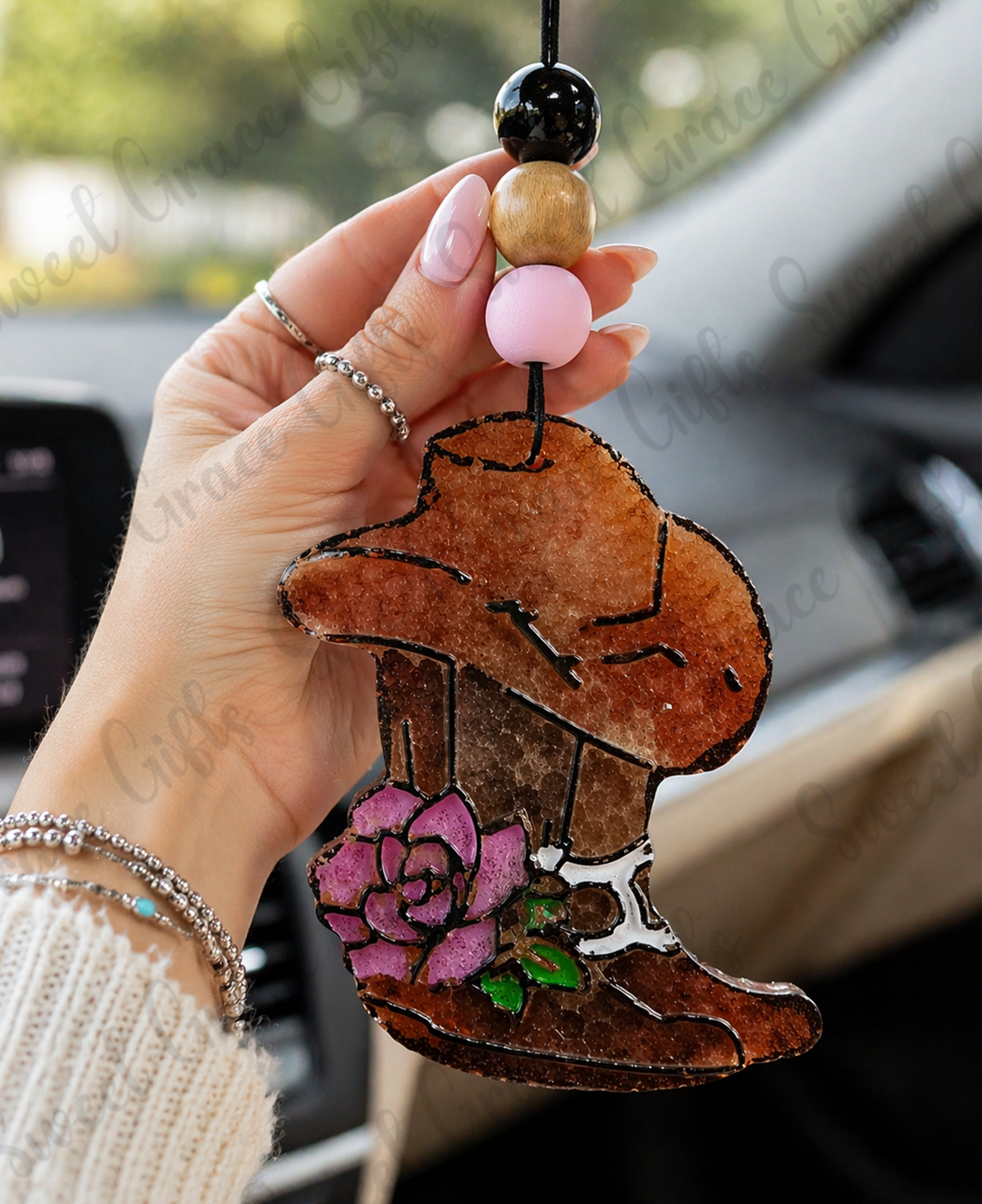 Cowgirl Boot Car Freshie with Pink Floral Design | Western Car Air Freshener | Handmade Hanging Car Charm | Cute Cowgirl Gift | Rustic Car Decor