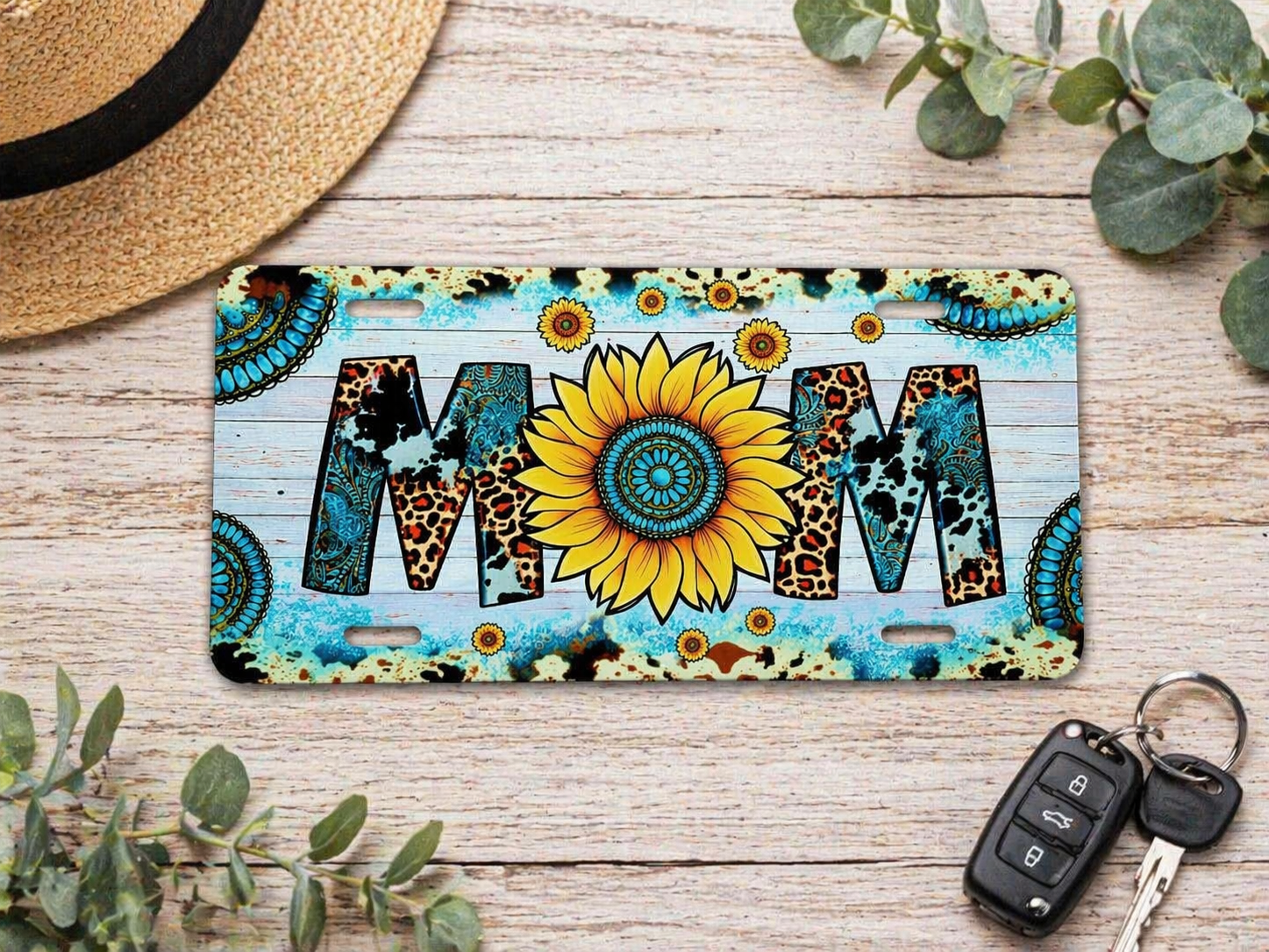 Sunflower MOM License Plate | Western Leopard Turquoise Car Tag | Boho Mama Car Decor | Cow Print Floral Auto Accessory Gift for Mom