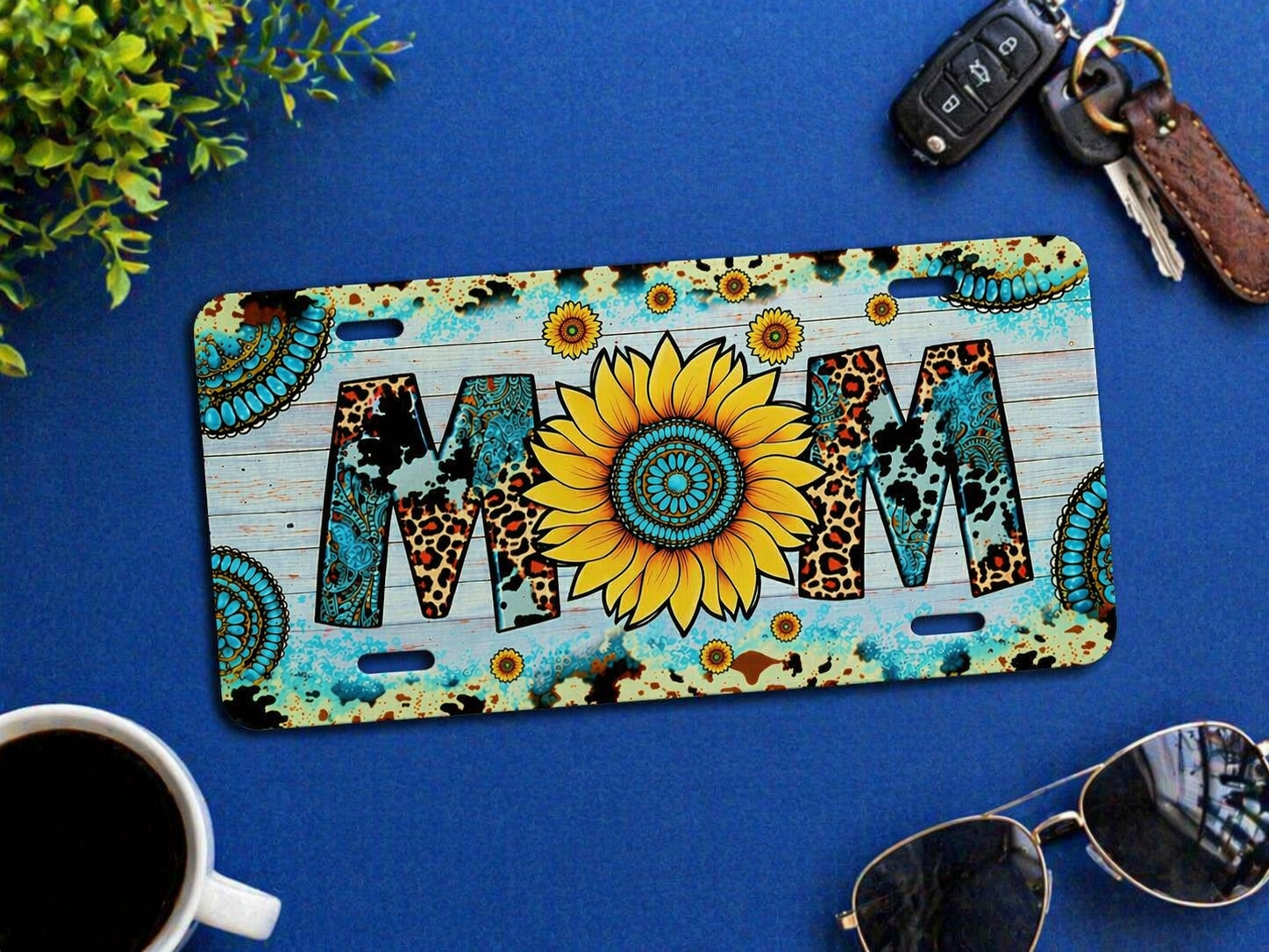 Sunflower MOM License Plate | Western Leopard Turquoise Car Tag | Boho Mama Car Decor | Cow Print Floral Auto Accessory Gift for Mom