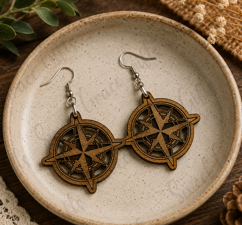 Compass Rose Wooden Earrings | Nautical Compass Dangle Earrings | Adventure Travel Jewelry | Beach Lover Gift for Women