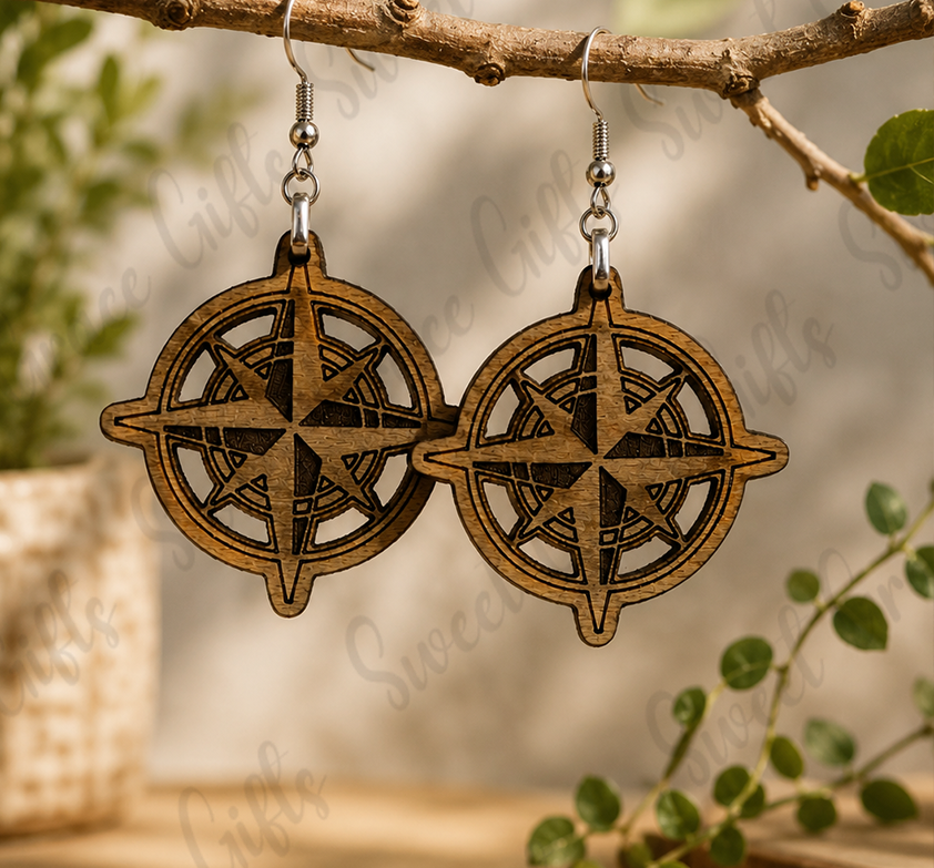 Compass Rose Wooden Earrings | Nautical Compass Dangle Earrings | Adventure Travel Jewelry | Beach Lover Gift for Women