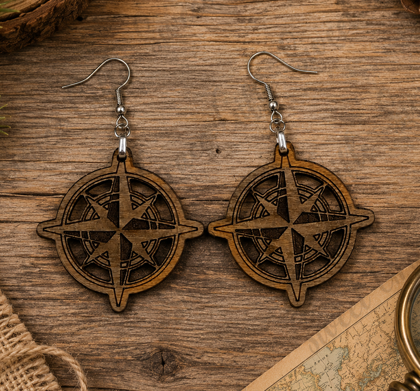 Compass Rose Wooden Earrings | Nautical Compass Dangle Earrings | Adventure Travel Jewelry | Beach Lover Gift for Women