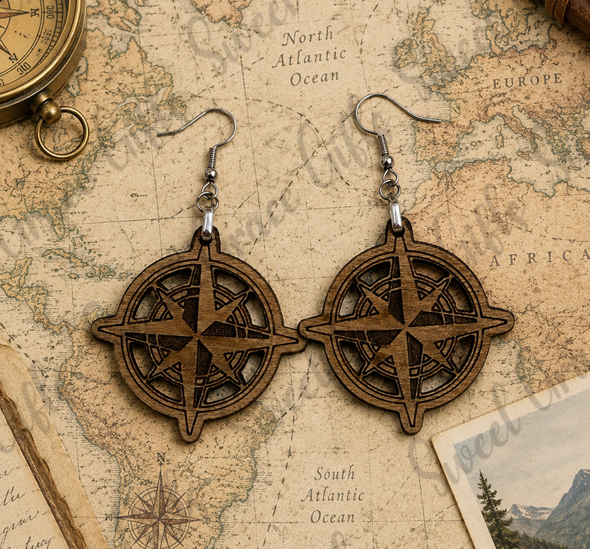 Compass Rose Wooden Earrings | Nautical Compass Dangle Earrings | Adventure Travel Jewelry | Beach Lover Gift for Women