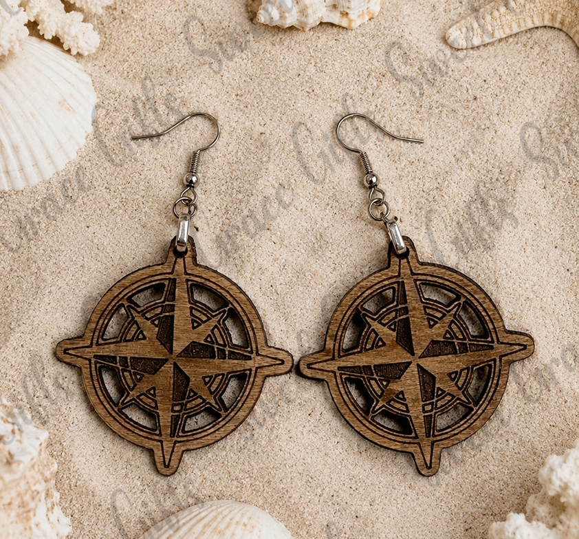 Compass Rose Wooden Earrings | Nautical Compass Dangle Earrings | Adventure Travel Jewelry | Beach Lover Gift for Women