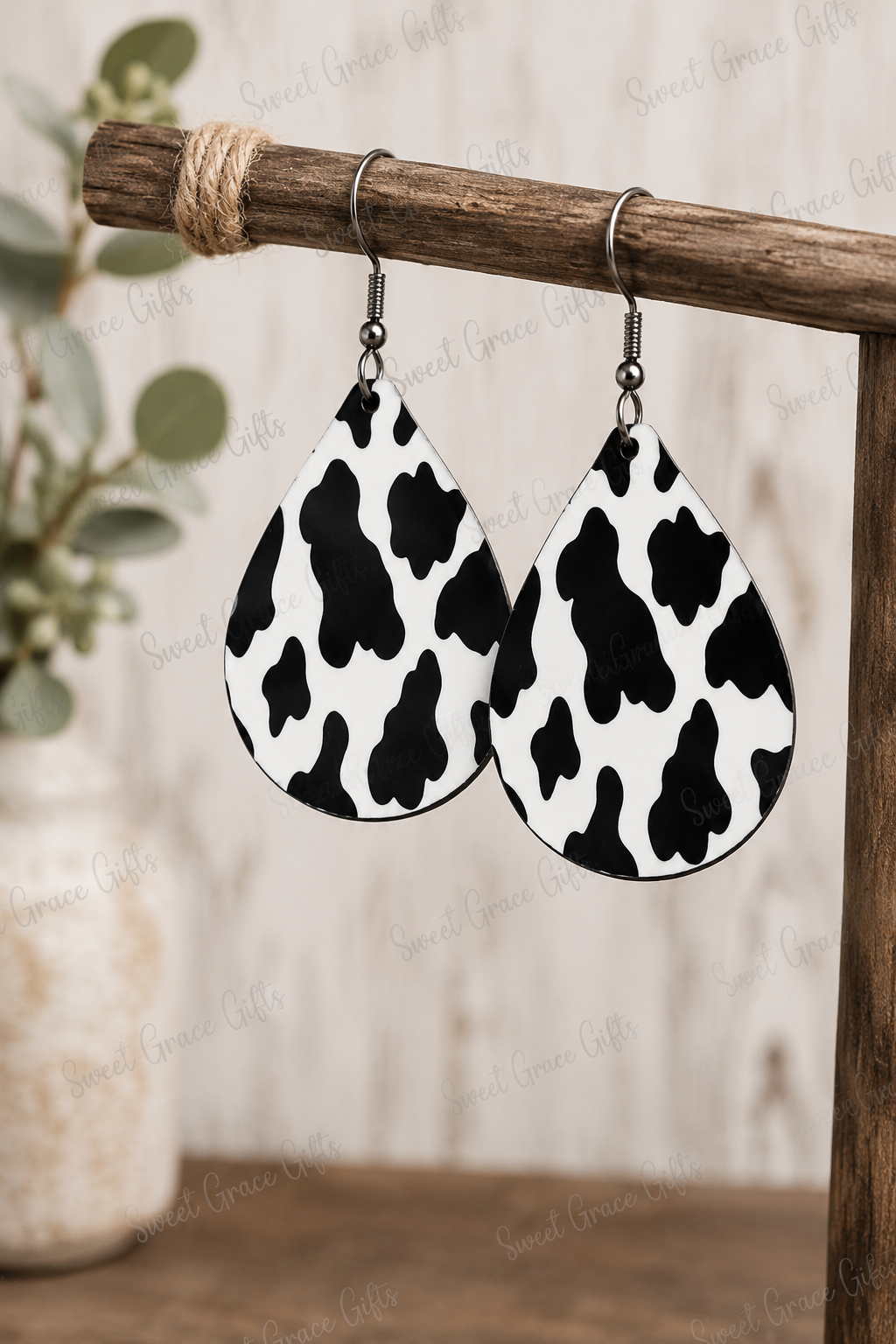🐄 Cow Print Teardrop Earrings | Western Cowgirl Dangle Earrings | Black & White Farmhouse Jewelry | Country Girl Gift
