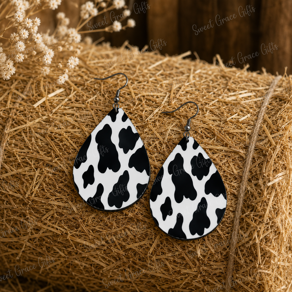🐄 Cow Print Teardrop Earrings | Western Cowgirl Dangle Earrings | Black & White Farmhouse Jewelry | Country Girl Gift