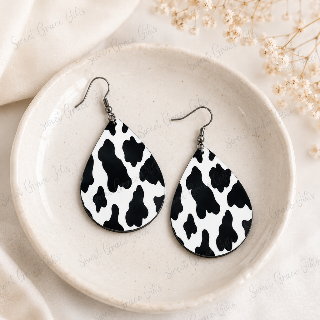 🐄 Cow Print Teardrop Earrings | Western Cowgirl Dangle Earrings | Black & White Farmhouse Jewelry | Country Girl Gift