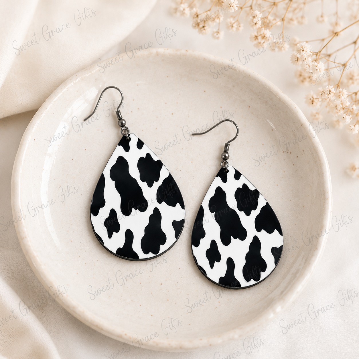 🐄 Cow Print Teardrop Earrings | Western Cowgirl Dangle Earrings | Black & White Farmhouse Jewelry | Country Girl Gift
