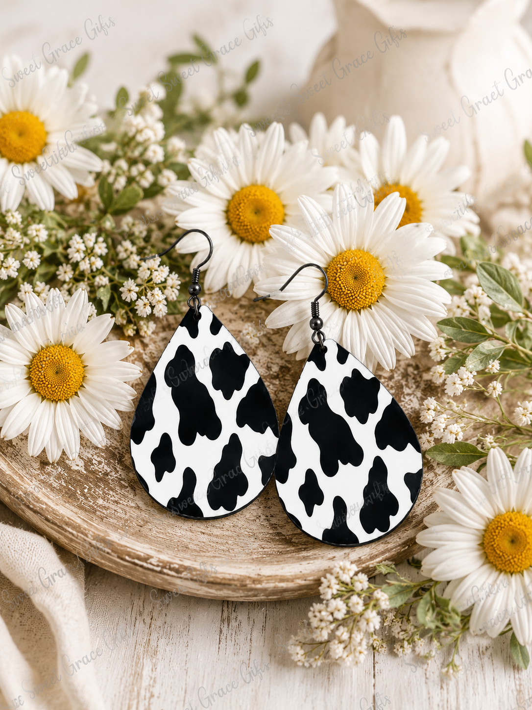 🐄 Cow Print Teardrop Earrings | Western Cowgirl Dangle Earrings | Black & White Farmhouse Jewelry | Country Girl Gift