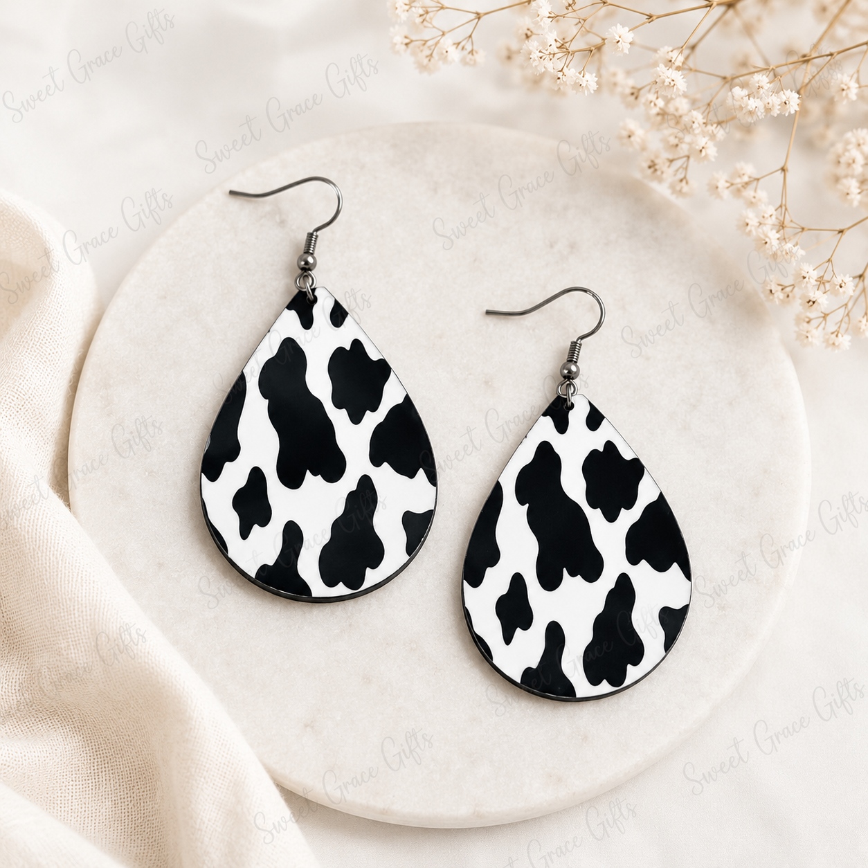🐄 Cow Print Teardrop Earrings | Western Cowgirl Dangle Earrings | Black & White Farmhouse Jewelry | Country Girl Gift