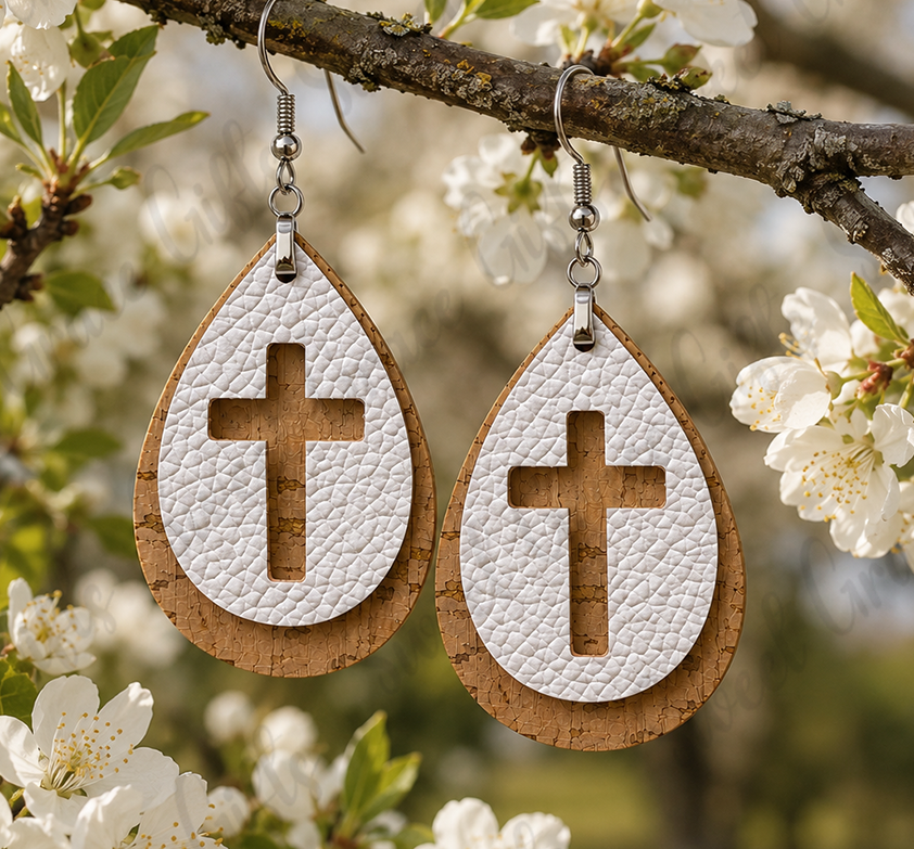 Layered Cross Teardrop Earrings | Christian Cork & White Leather Earrings | Faith Dangle Earrings | Religious Gift for Women