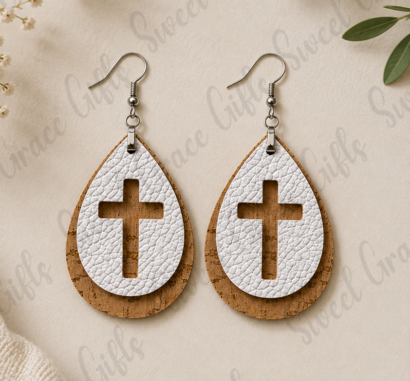 Layered Cross Teardrop Earrings | Christian Cork & White Leather Earrings | Faith Dangle Earrings | Religious Gift for Women