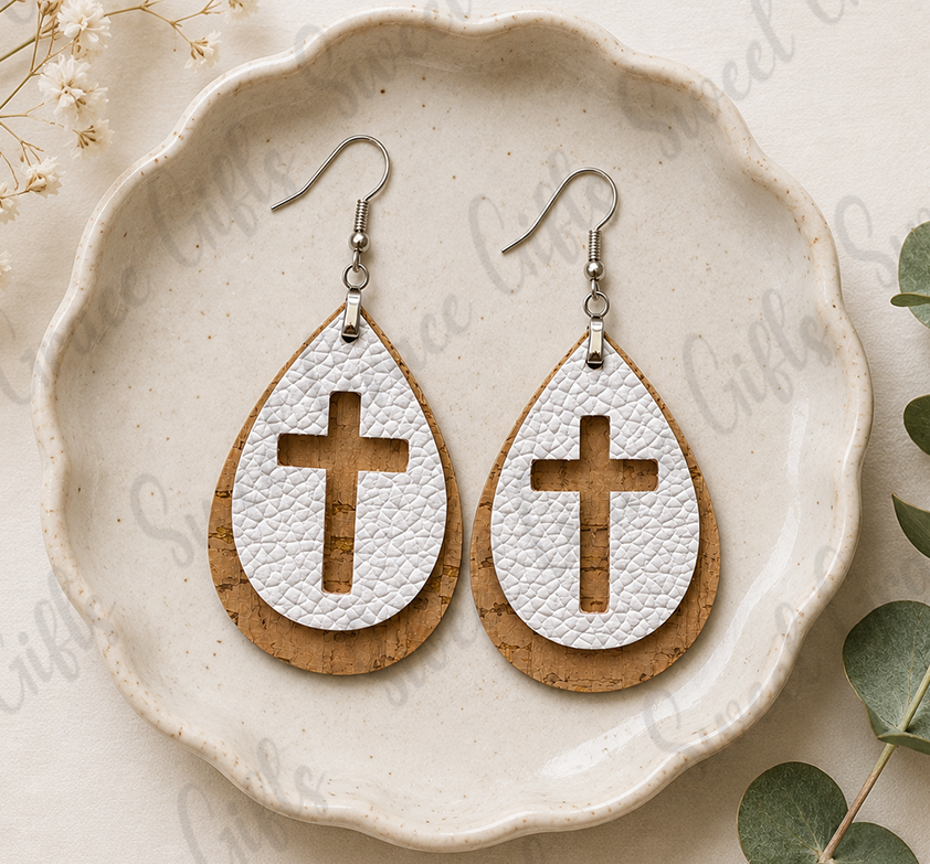 Layered Cross Teardrop Earrings | Christian Cork & White Leather Earrings | Faith Dangle Earrings | Religious Gift for Women