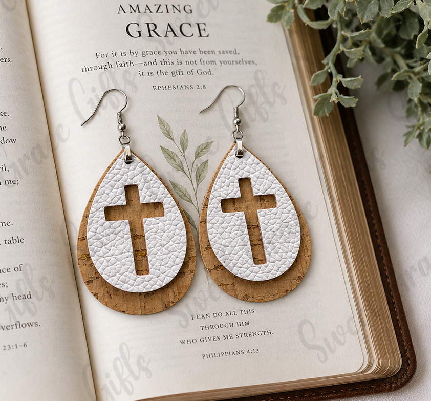 Layered Cross Teardrop Earrings | Christian Cork & White Leather Earrings | Faith Dangle Earrings | Religious Gift for Women