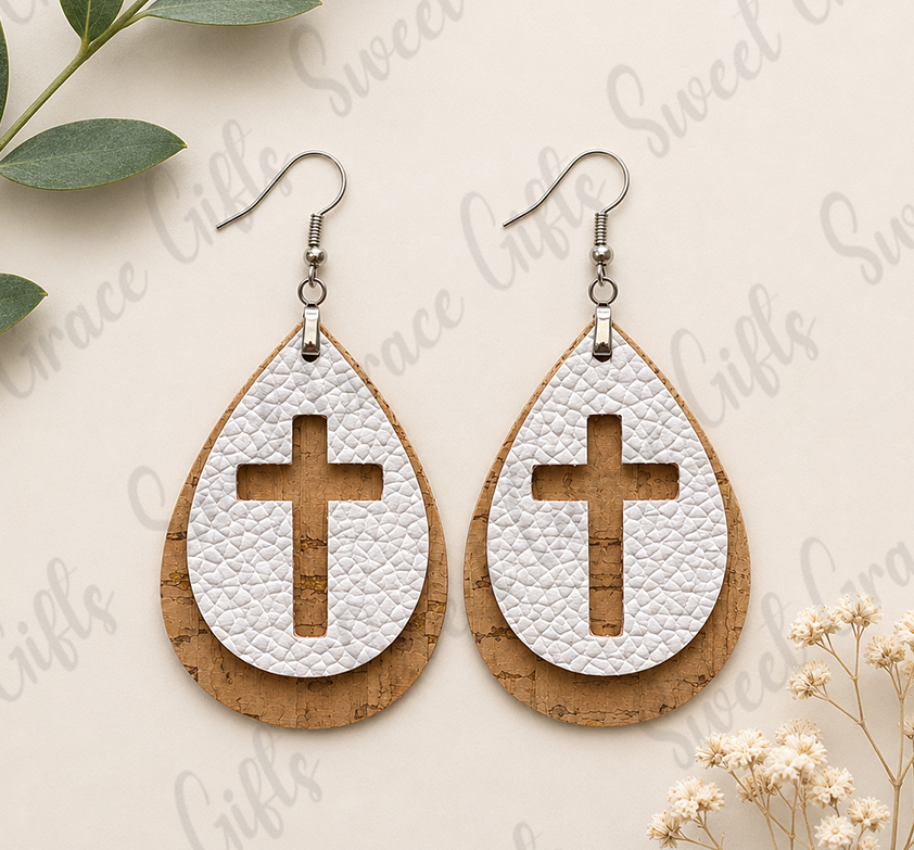Layered Cross Teardrop Earrings | Christian Cork & White Leather Earrings | Faith Dangle Earrings | Religious Gift for Women