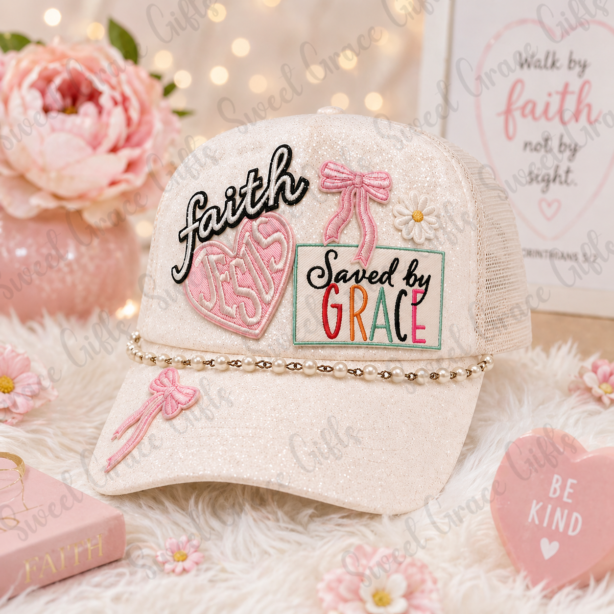 Saved By Grace Trucker Hat, Faith Patch Hat, Christian Baseball Cap, Jesus Girly Hat, Boutique Mesh Snapback, Inspirational Hat