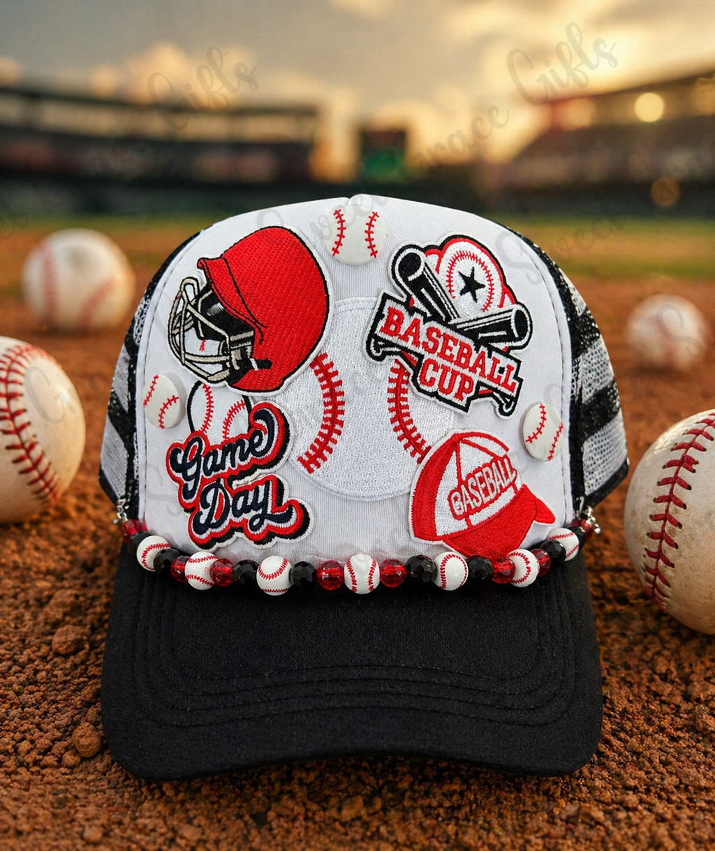 Baseball Game Day Trucker Hat, Baseball Mom Hat, Beaded Baseball Cap, Cute Sports Hat, Baseball Patch Hat, Custom Team Spirit Hat for Women