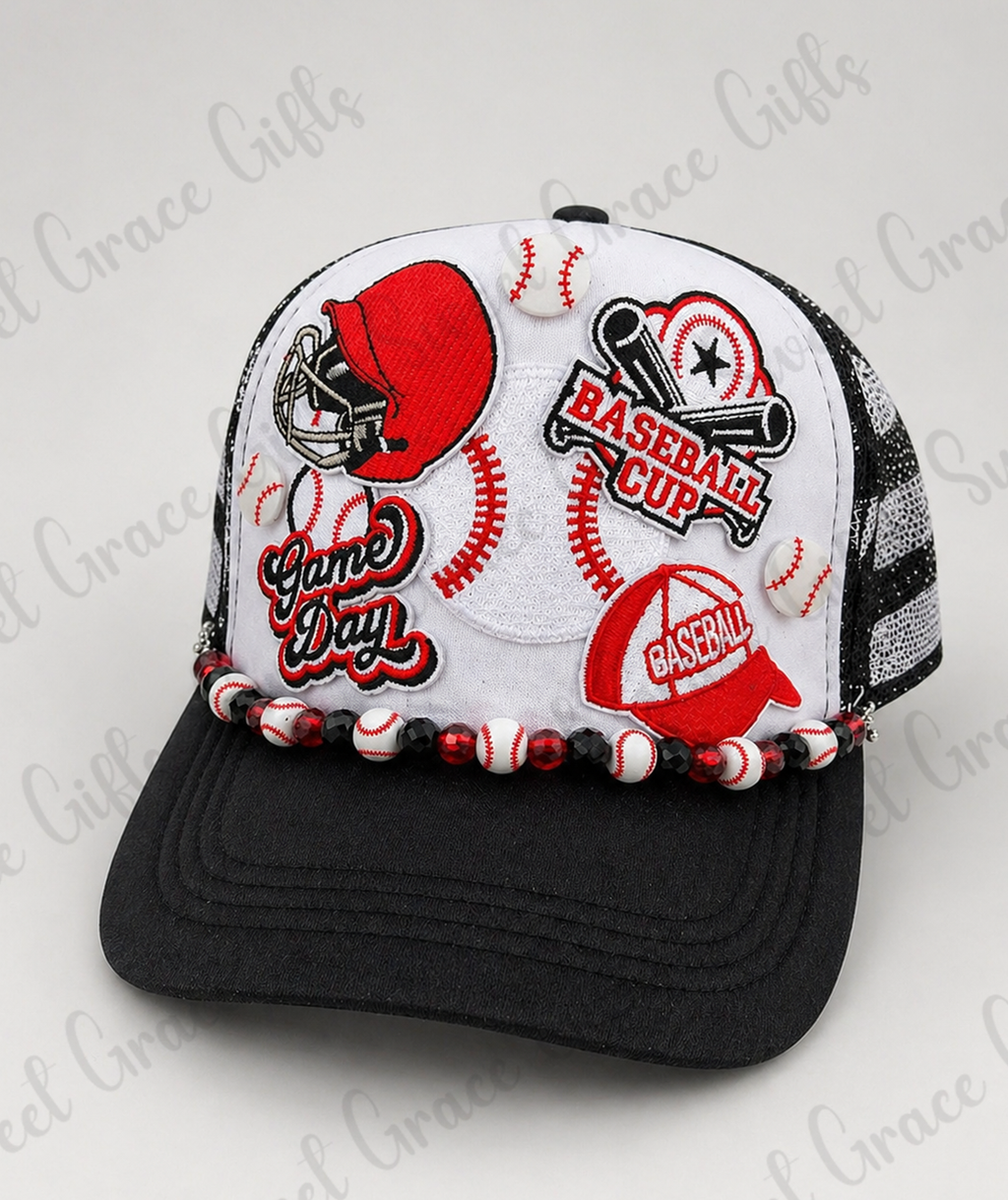 Baseball Game Day Trucker Hat, Baseball Mom Hat, Beaded Baseball Cap, Cute Sports Hat, Baseball Patch Hat, Custom Team Spirit Hat for Women