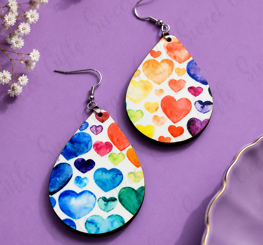 ❤️ Watercolor Heart Teardrop Earrings | Colorful Heart Dangle Earrings | Rainbow Love Jewelry | Valentine's Day Gift for Her