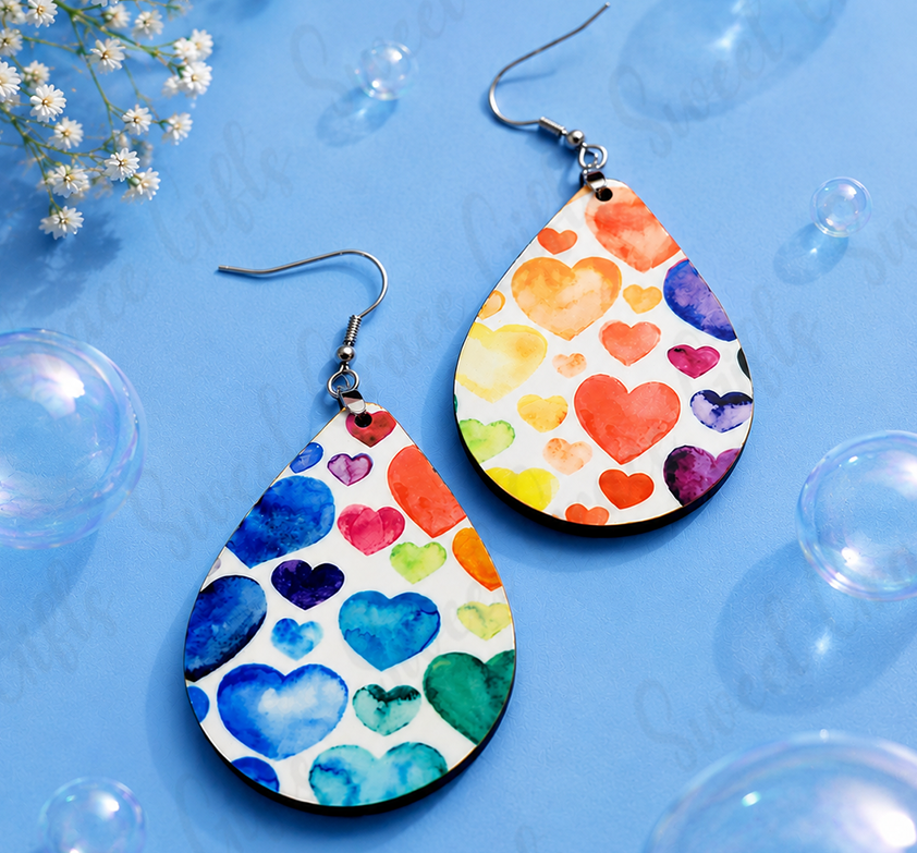 ❤️ Watercolor Heart Teardrop Earrings | Colorful Heart Dangle Earrings | Rainbow Love Jewelry | Valentine's Day Gift for Her