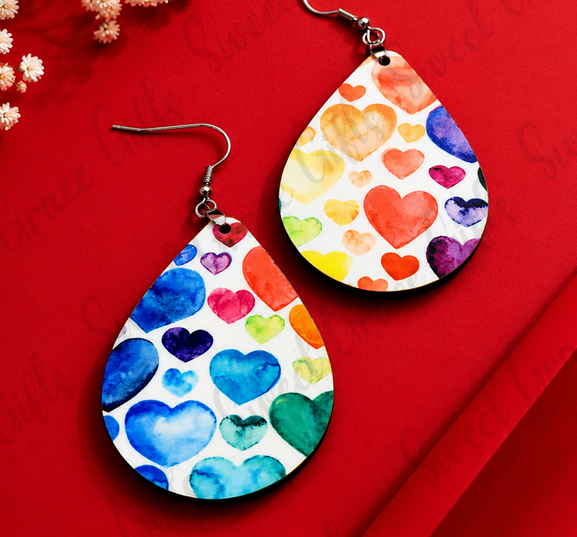 ❤️ Watercolor Heart Teardrop Earrings | Colorful Heart Dangle Earrings | Rainbow Love Jewelry | Valentine's Day Gift for Her