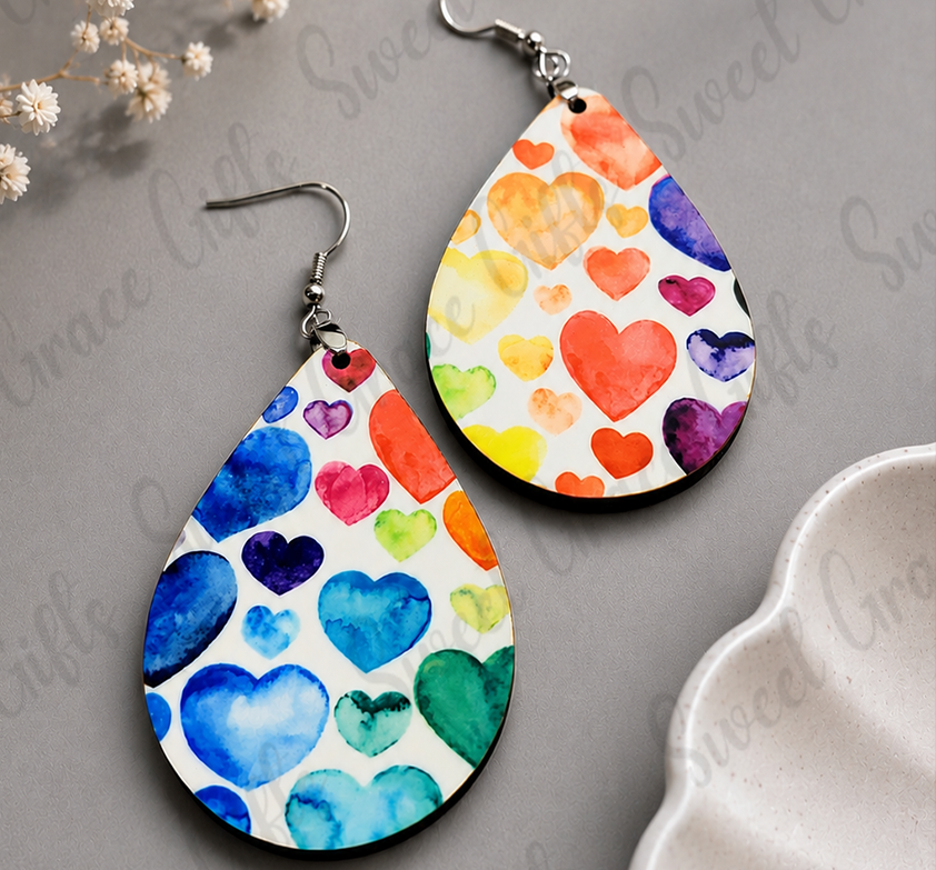 ❤️ Watercolor Heart Teardrop Earrings | Colorful Heart Dangle Earrings | Rainbow Love Jewelry | Valentine's Day Gift for Her