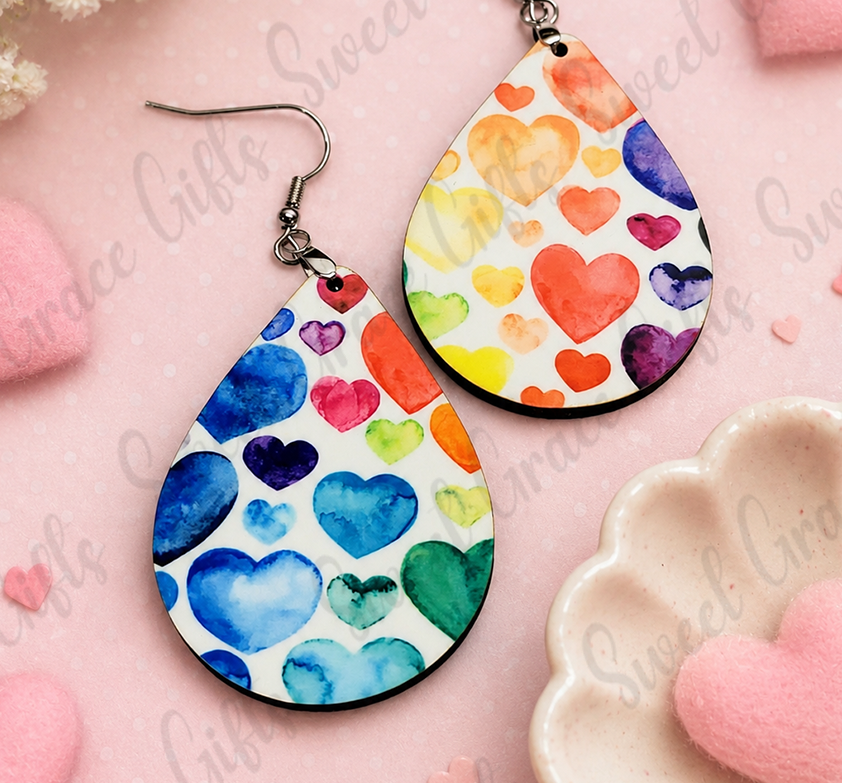 ❤️ Watercolor Heart Teardrop Earrings | Colorful Heart Dangle Earrings | Rainbow Love Jewelry | Valentine's Day Gift for Her