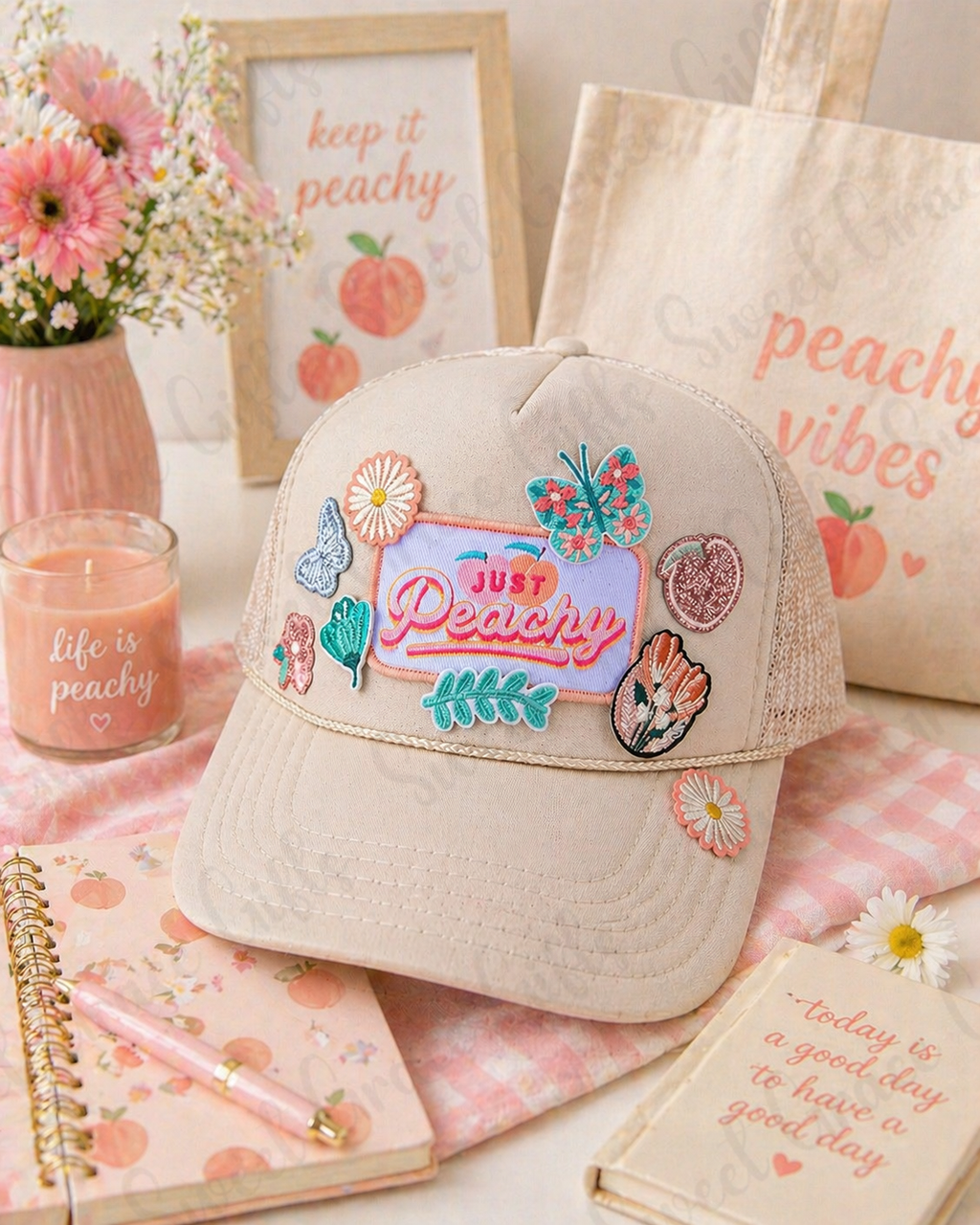 Just Peachy Trucker Hat, Peach Patch Hat, Cute Floral Baseball Cap, Summer Mesh Hat, Girly Snapback, Boutique Style Hat