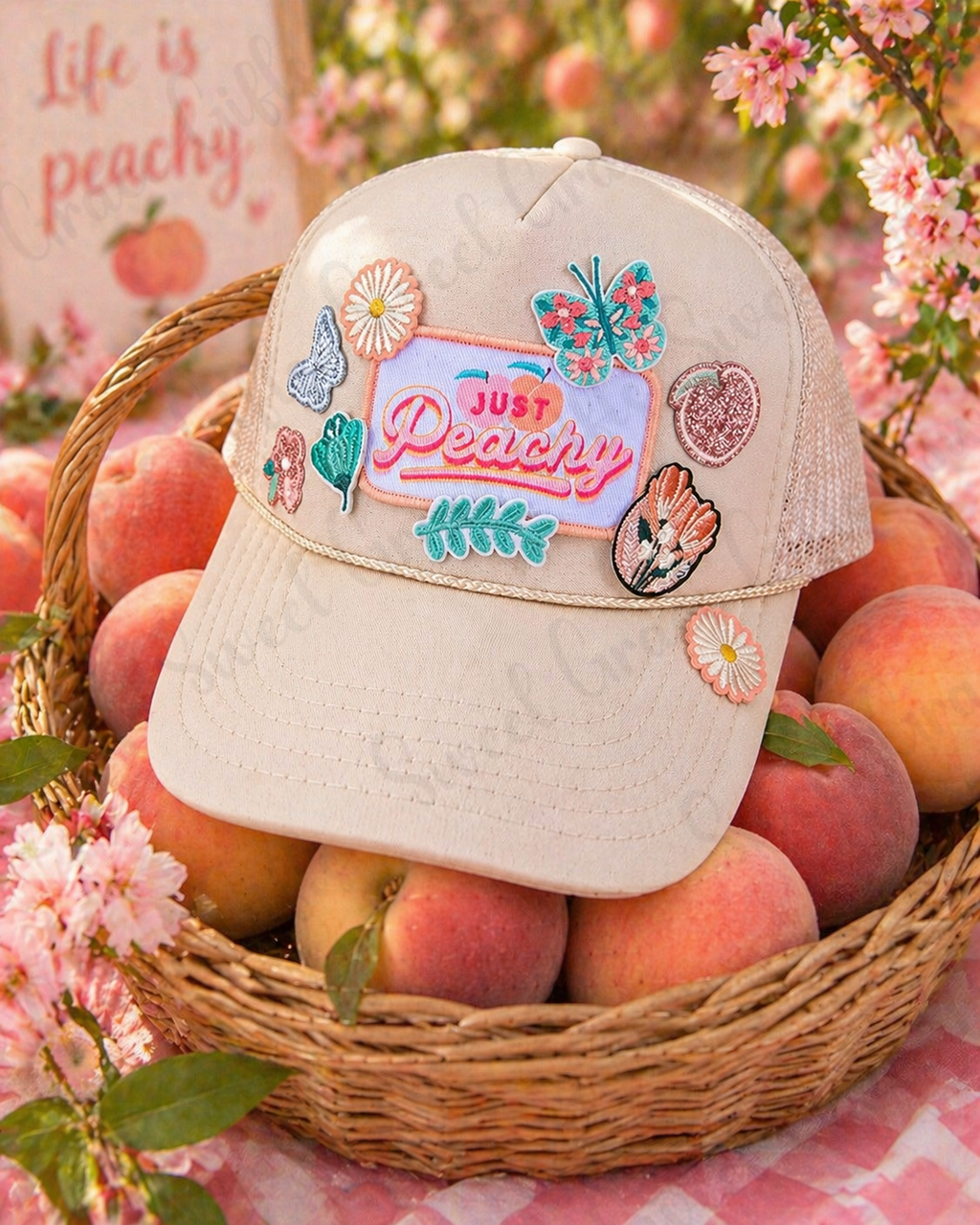 Just Peachy Trucker Hat, Peach Patch Hat, Cute Floral Baseball Cap, Summer Mesh Hat, Girly Snapback, Boutique Style Hat