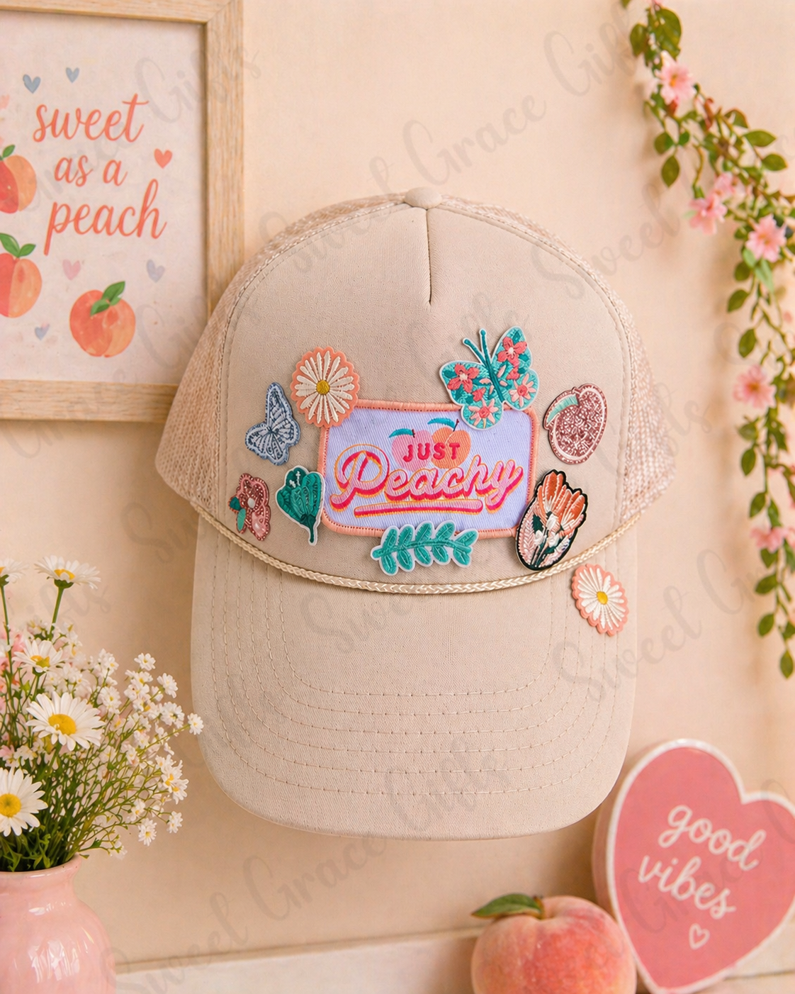 Just Peachy Trucker Hat, Peach Patch Hat, Cute Floral Baseball Cap, Summer Mesh Hat, Girly Snapback, Boutique Style Hat