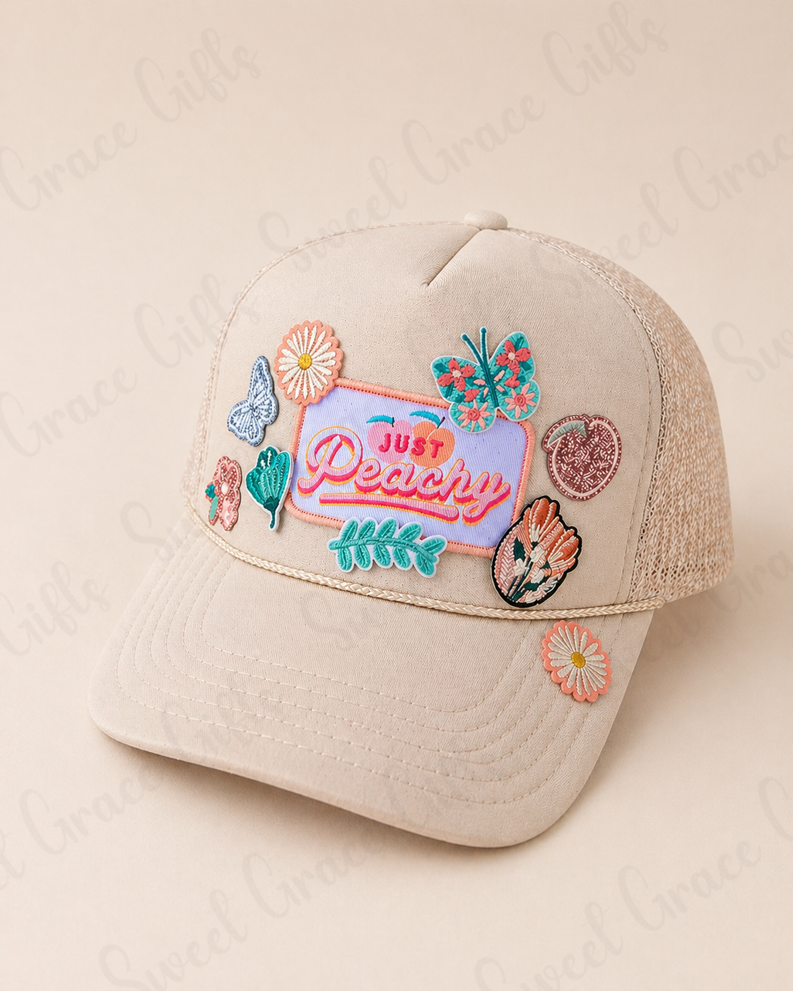 Just Peachy Trucker Hat, Peach Patch Hat, Cute Floral Baseball Cap, Summer Mesh Hat, Girly Snapback, Boutique Style Hat
