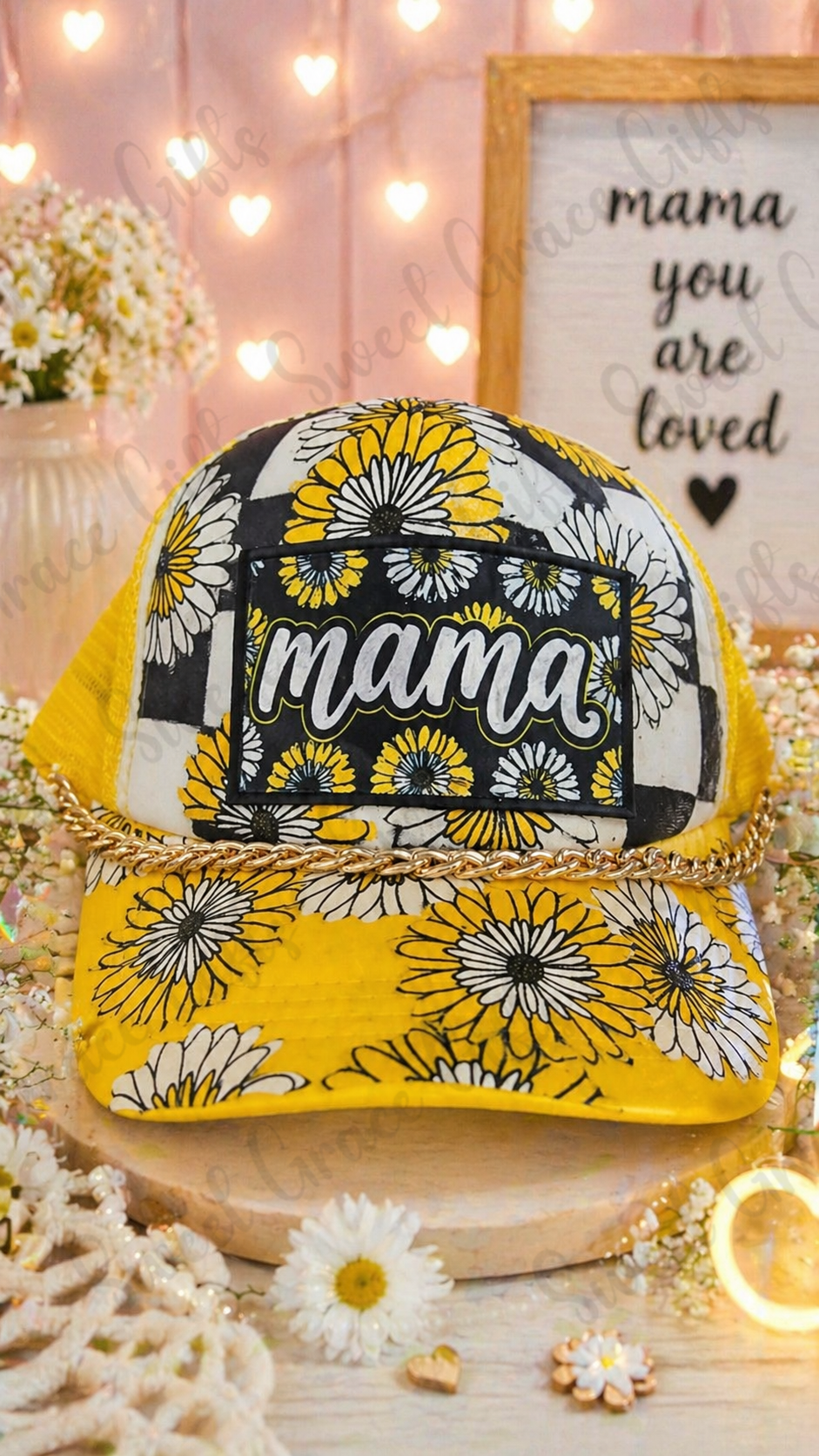 Mama Daisy Trucker Hat, Floral Mama Baseball Cap, Sunflower Checkered Hat, Yellow Mesh Snapback, Boutique Mom Hat, Cute Mom Gift