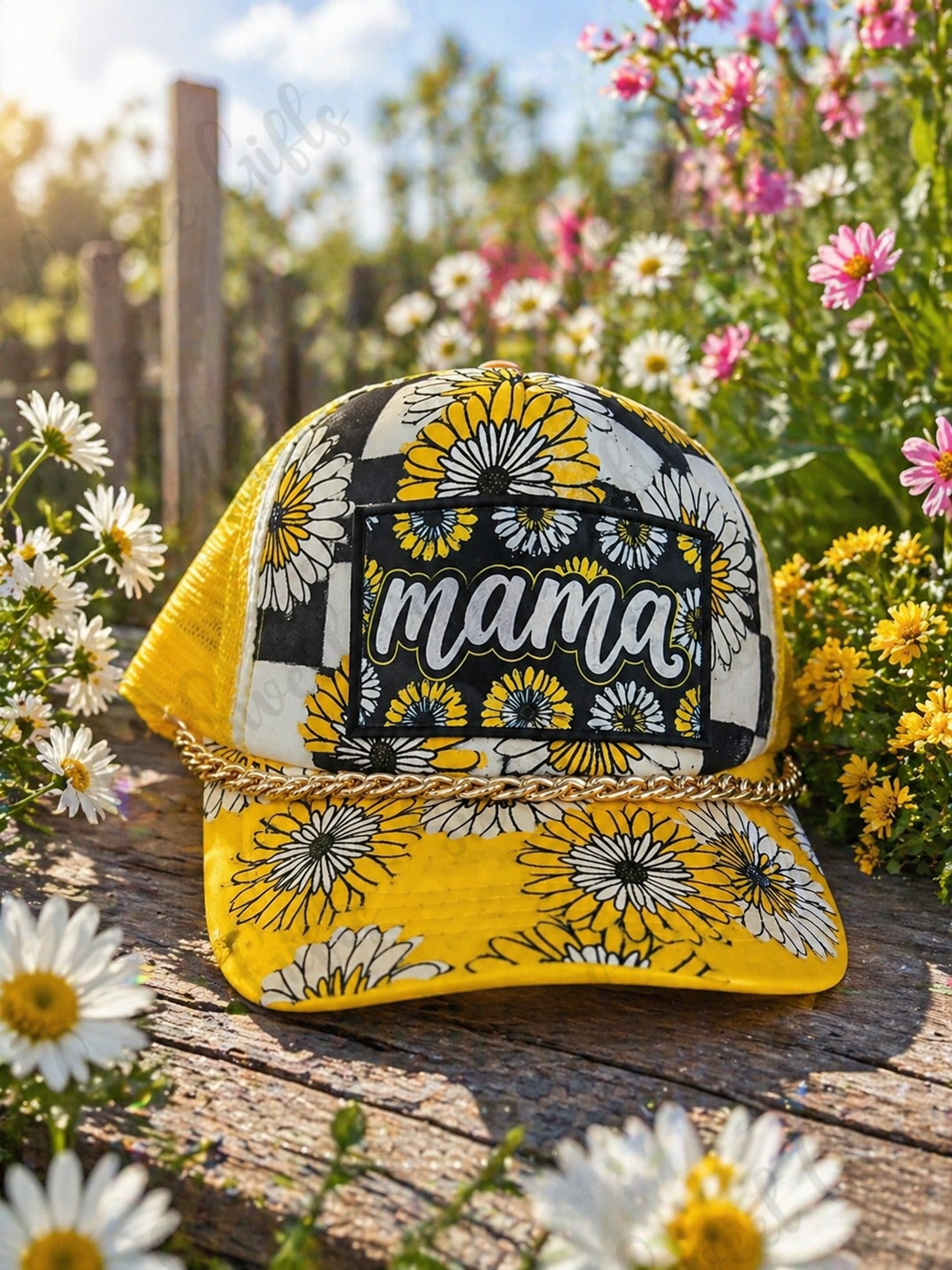 Mama Daisy Trucker Hat, Floral Mama Baseball Cap, Sunflower Checkered Hat, Yellow Mesh Snapback, Boutique Mom Hat, Cute Mom Gift
