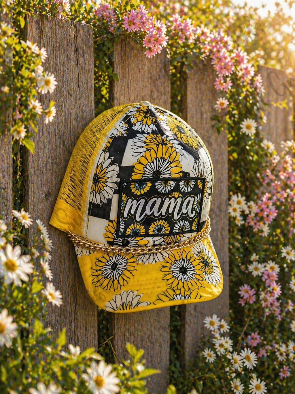 Mama Daisy Trucker Hat, Floral Mama Baseball Cap, Sunflower Checkered Hat, Yellow Mesh Snapback, Boutique Mom Hat, Cute Mom Gift